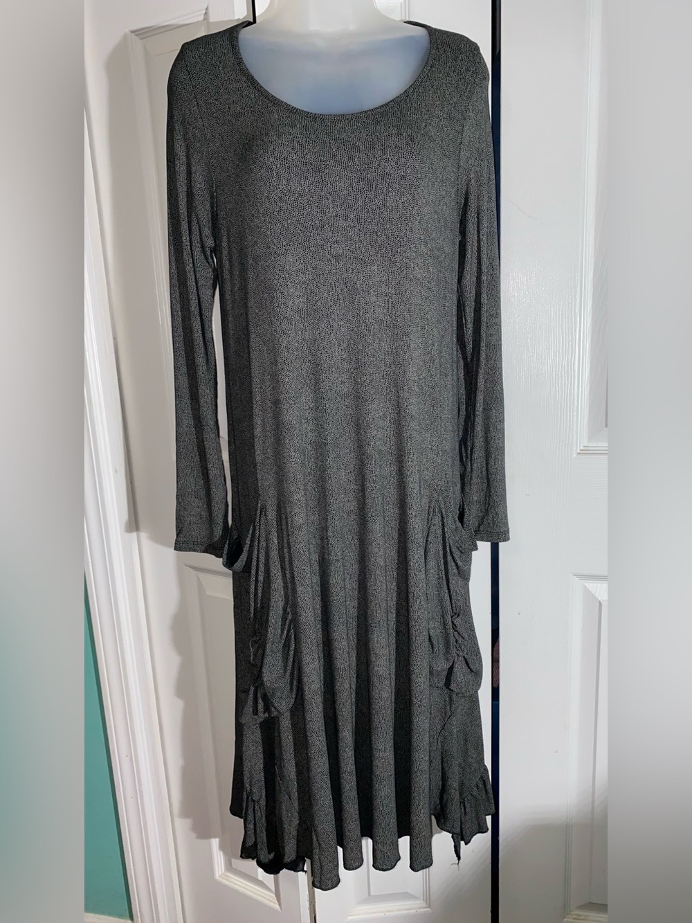 Mattie Mamane Midi Dress S Black Speckled Lagenlook Pockets Long Sleeve AA21